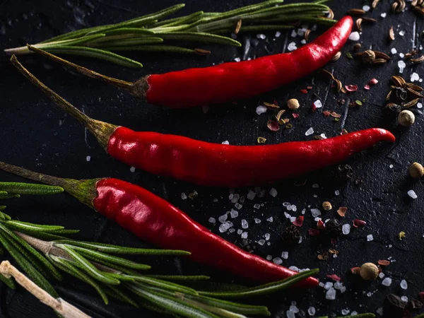 红色辣椒 大蒜和迷迭香配海盐和黑色背景的彩色辣椒 — 图库照片