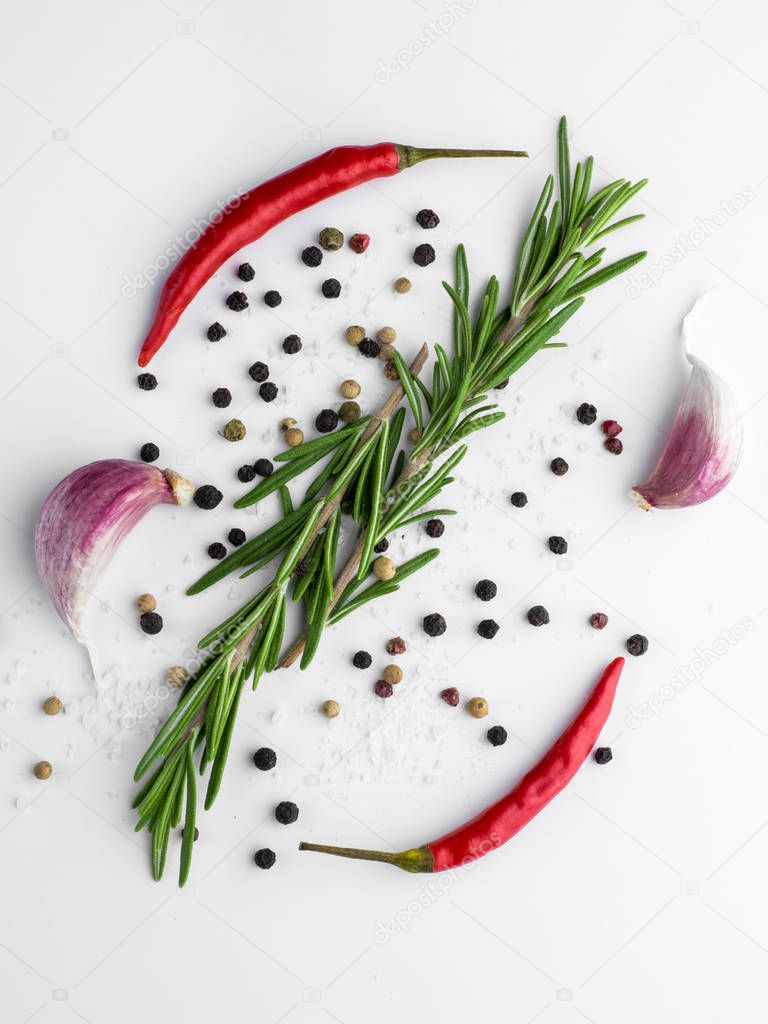 Red hot chilli pepper, garlic and rosemary with sea salt and colored pepper on white background