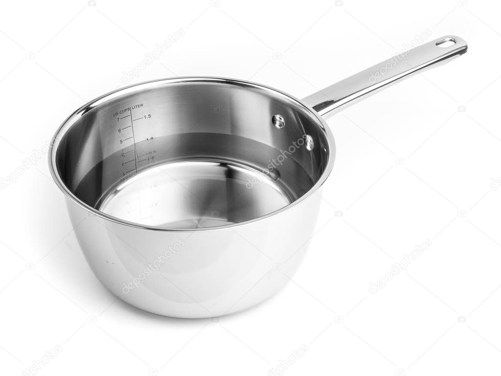 Stainless steel cooking pot without cover with water, measure the water level - 1 liter. Isolated on white background.