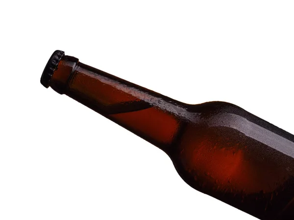 Afbeelding Van Een Gekantelde Bruin Bier Fles Nek Wit Gekanteld — Stockfoto