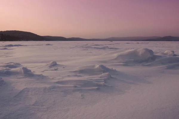 Tramonto Inverno Sole Tramonto Turgoyak Lake Southern Urals Russia — Foto Stock