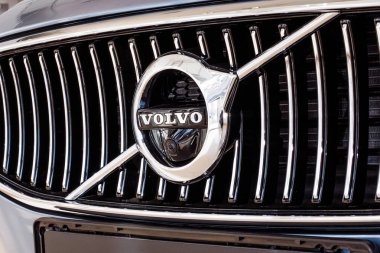 CHELYABINSK, RUSSIA - 01 May 2018: Volvo logo, close-up. Swedish luxury vehicle manufacturer established in 1927 and headquartered in Gothenburg, Sweden. clipart