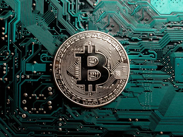 Concepto Bitcoin Mining Una Moneda Física Moneda Digital Criptomoneda Bitcoins — Foto de Stock