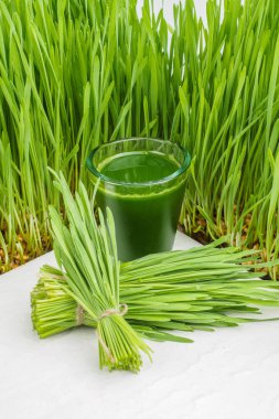 wheat grass juice on table. Green organic wheat grass drink with wheat grass background,young grass stage. clipart