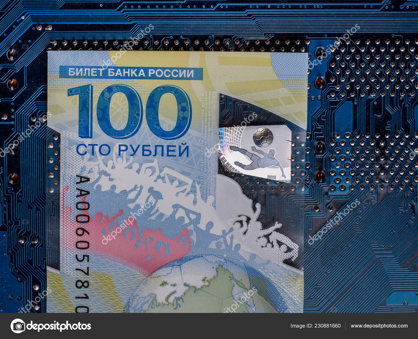 2018年亚足联世界杯100卢布钞票俄罗斯新钞—— 库存社论照片© Evgeniy_Bobkov #230881660