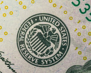 Amerika Birleşik Devletleri Federal Rezerv Sistemi sembolü dolarlık banknot. Yakın çekim. makro vurdu. Finans sistemi kavramı.
