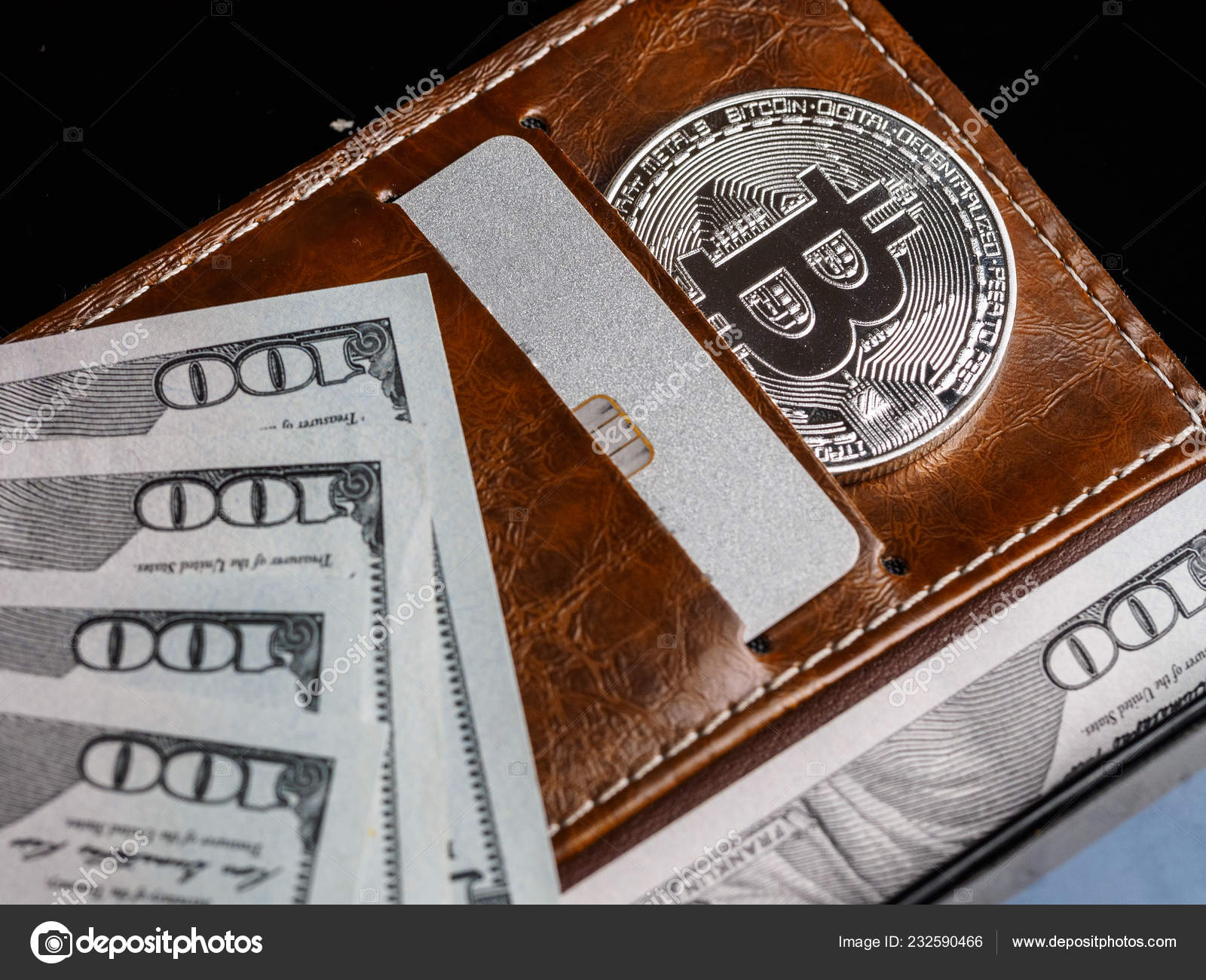 Metal Bitcoins Cash Credit Debit Cards Brown Leather Wallet Bitcoin - 