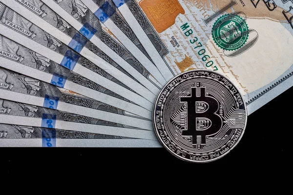 Фон Крипто Bitcoin Доларів Символічний Монети Bitcoins Банкноти Ста Доларів — стокове фото