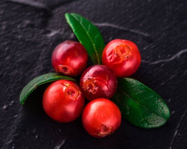 Fuska (foxberry, İsveç kirazı). Üstten görünüm. Vahşi kızılcık rustik koyu arka plan üzerinde. Olgun kırmızı orman Vaccinium vitis-idaea yeşil yaprakları ile çilek. Kopya alanı.