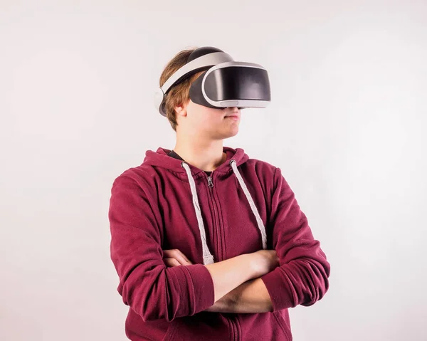 Set of Young man teenager virtual reality headset or 3d glasses, playing video game. Human reaction facial expression emotion concept. various gestures. Isolated.