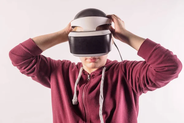 Set of Young man teenager virtual reality headset or 3d glasses, playing video game. Human reaction facial expression emotion concept. various gestures. Isolated.