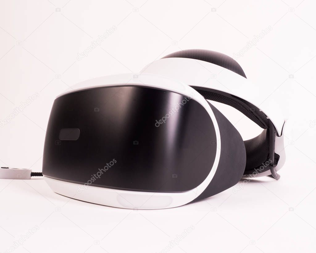 Modern virtual digital cyberspace technology. Close-up of VR headset. Isolated on White Background. Innovation device.