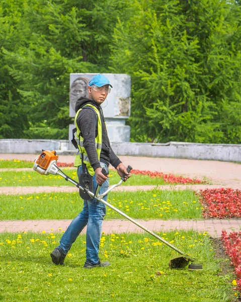 De grasmaaier werkt in een bloembed in het centrum van de stad. trimmin- — Stockfoto