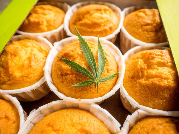 Freshly baked cinnamon mini muffins with cannabis and buds of ma — Stock Photo, Image