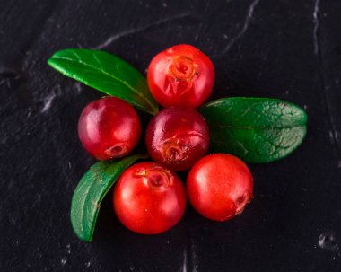 Cowberry (foxberry, Lingonberry). Üst görünüm. Vahşi kızılcık da