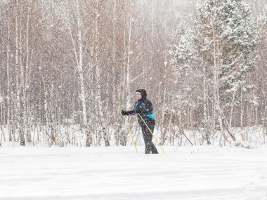 Yaşlı kayakçı karlı bir ormanda kayak yapıyor. Kar yağışı. spor ve bir