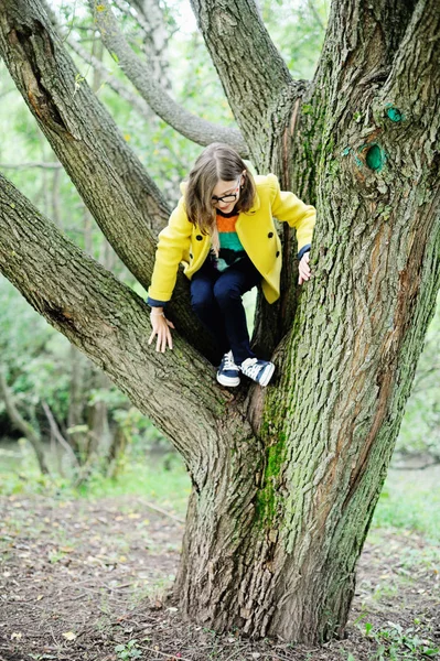 KId girl climbs on tree — Stock Photo, Image