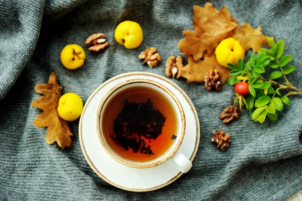 Xícara de chá com folhas de outono — Fotografia de Stock
