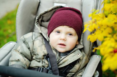Modern bebek arabasında sıcak bir bebek.