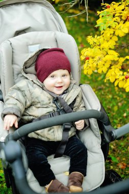 Modern bebek arabasında sıcak bir bebek.