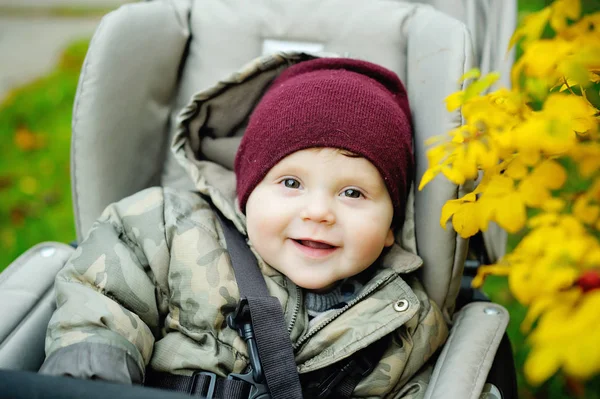 Baby jongen in warm in moderne kinderwagen — Stockfoto