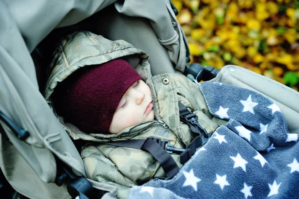 Baby boy in warm in modern stroller — 스톡 사진