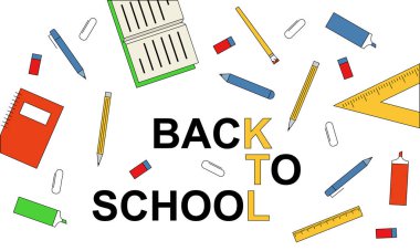 Geri okul vektör poster ve renkli okul öğeleri ile banner. 