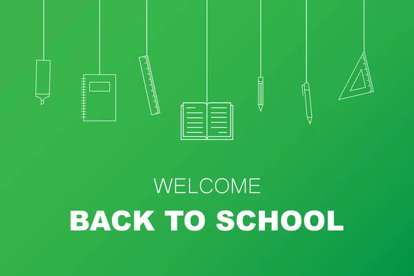 Szkoła transparent z ikonę konturu papeterii i słowo "Welcome back to school". — Wektor stockowy