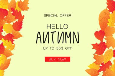Merhaba arka plan düzen süslemeleri ile sonbahar yaprakları alışveriş için
