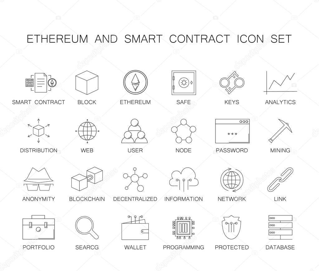 Line icons set. Ethereum and smart contract pack. 