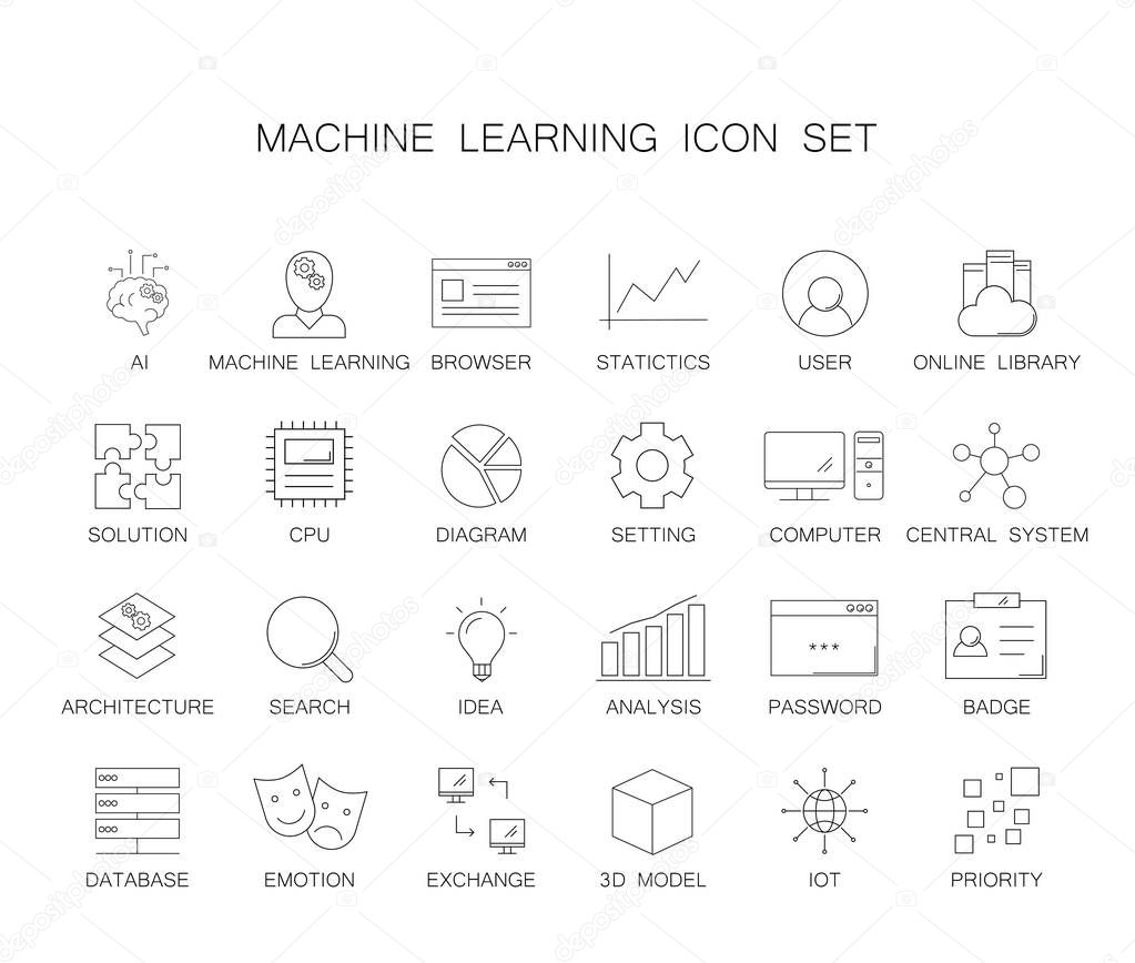 Line icons set. Machine learning pack. 