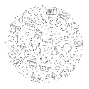 Müzik daire arka plandan satırı simgesi. Doğrusal vektör desen. 