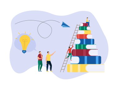 Eğitim düz arka plan büyük kitaplar ve insanlar ile. İnsanlar kitap okumak ve bilgi Tartışmak. 