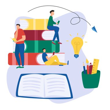 Eğitim düz arka plan büyük kitap, insanlar, Açık Not defteri ve malzemeleri ile. İnsanlar kitap okumak. 