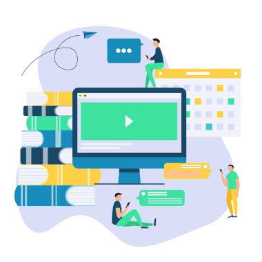 Online eğitim düz arka plan büyük kitaplar ve insanlar ile. İnsanlar kitap okumak ve bilgi Tartışmak. 