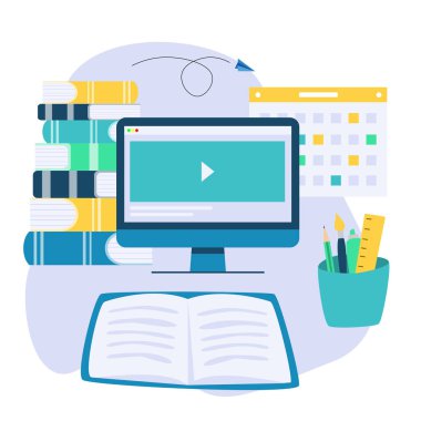 Online eğitim kitabı, dizüstü bilgisayar ve Takvim düz arka plan. 