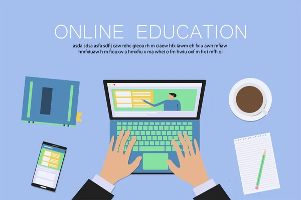Online wykształcenie. Szablon projektu sieci Web z notebooka, ręce, telefon i kawa. — Wektor stockowy