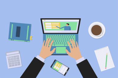 Online eğitim arka plan. Dizüstü bilgisayar, el, telefon ve kahve ile web tasarım şablonu. 