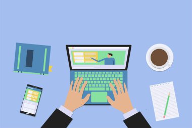 Online eğitim arka plan. Dizüstü bilgisayar, el, telefon ve kahve ile web tasarım şablonu. 
