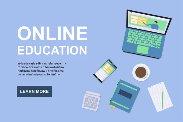 Antecedentes educacionais online. Modelo de Web design com notebook, mãos, telefone e café . — Vetor de Stock