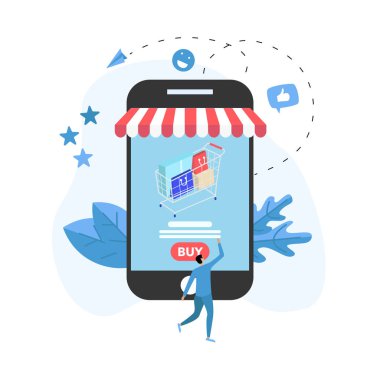 Kavram smartphone, alışveriş sepeti ve adam, çevrimiçi mağaza satın alma ile online alışveriş