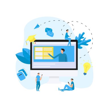Online eğitim veya web ders mesafe öğretmen ile masaüstü monitör. E-öğrenme kavramı