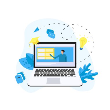 Laptop monitör mesafe öğretmen ile online eğitim veya web kursu. E-öğrenme kavramı