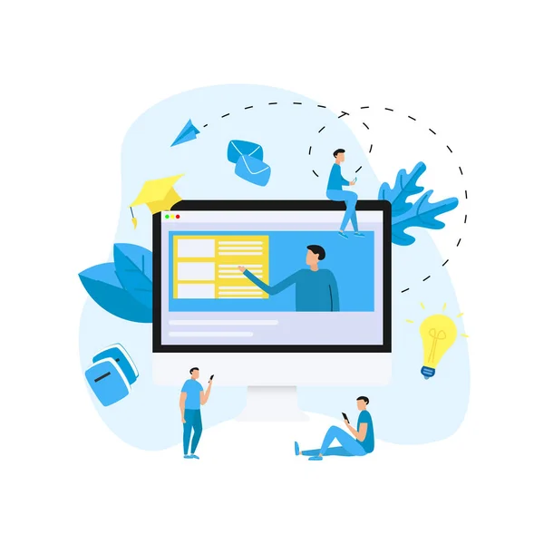 Online eğitim veya web ders mesafe öğretmen ile masaüstü monitör. E-öğrenme kavramı