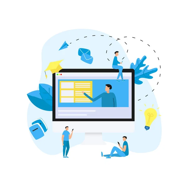 Online utbildning eller web-kurs i stationär bildskärm med avstånd lärare. E-learning koncept — Stock vektor