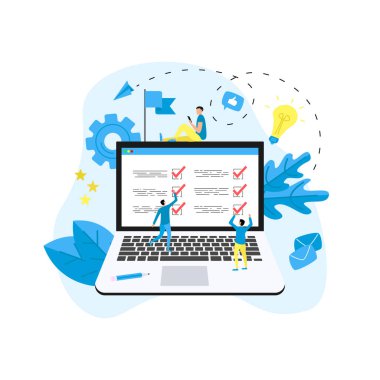 Laptop monitör işadamı ile online aksiyon planı kavramı. İş, zaman yönetimi