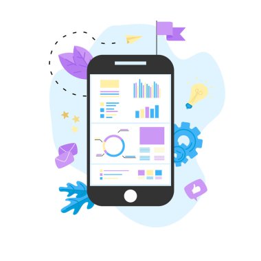 Veri analiz tasarım konsepti. Grafik, diyagram, smartphone ekranında istatistikleri. İş kavramı