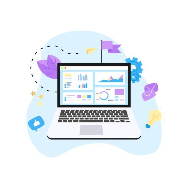Veri analiz tasarım konsepti. Grafik, diyagram, istatistik üstünde laptop