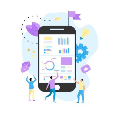 Veri analiz tasarım konsepti. Grafik, diyagram, smartphone ekranında istatistikleri. İş kavramı