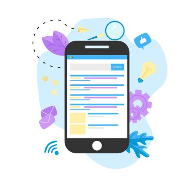 Arama motoru sonuç pag vektörü, sayfa akıllı telefondaki bir sorgulama, web arama kavramının arama sonuçlarını gösteriyor